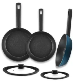 AMBITION AZZURRO Komplet patelni 20, 24, 28 cm + Pokrywki z silikonowym rantem / INDUKCJA
