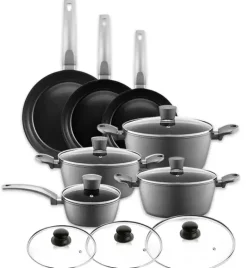 AMBITION VERSO Komplet garnków z pokrywkami 20, 24, 28 cm + rondel 16 cm + patelnie 20, 24, 28 cm + pokrywki szklane TADAR / aluminium / indukcja