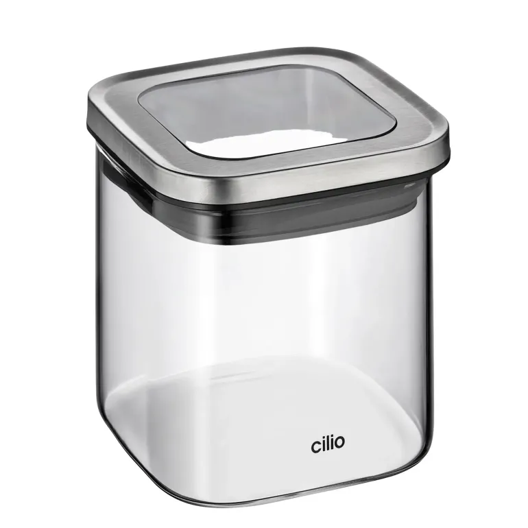 CILIO | Cubo | pojemnik kuchenny, szkło borokrzemowe/stal nierdzewna, 10 x 10 x 10 cm, 0,65 l