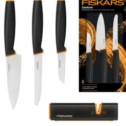 FISKARS CONTROL+ Zestaw 3 noży FAVOURITE SET w pudełku + Ostrzałka Edge / japońska stal nierdzewna