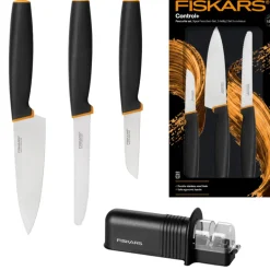FISKARS CONTROL+ Zestaw 3 noży FAVOURITE SET w pudełku + Ostrzałka ceramiczna Essential Roll-Sharp / japońska stal nierdzewna