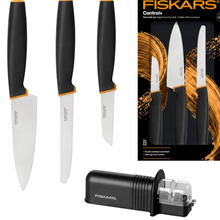 FISKARS CONTROL+ Zestaw 3 noży FAVOURITE SET w pudełku + Ostrzałka ceramiczna Essential Roll-Sharp / japońska stal nierdzewna