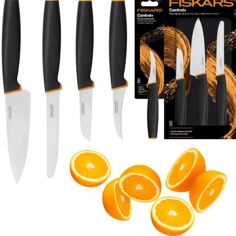 FISKARS CONTROL+ Zestaw 4 noży kuchennych FAVOURITE SET + Ostrzałka 3w1 uniwersalna / japońska stal nierdzewna