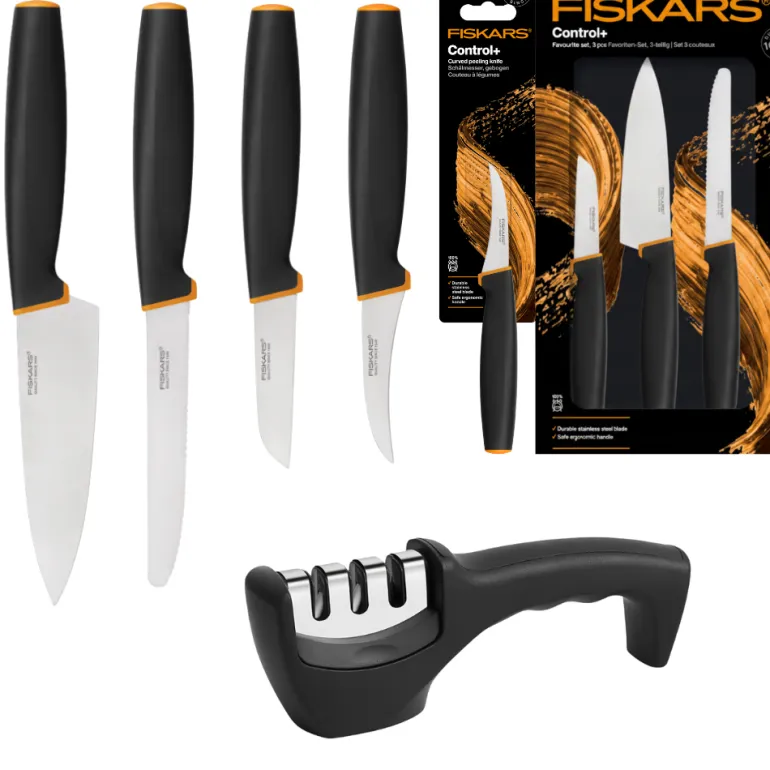 FISKARS CONTROL+ Zestaw 4 noży kuchennych FAVOURITE SET + Ostrzałka 3w1 uniwersalna / japońska stal nierdzewna