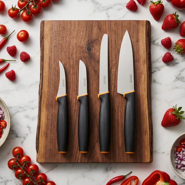 FISKARS CONTROL+ Zestaw 4 noży kuchennych FAVOURITE SET + Ostrzałka 3w1 uniwersalna / japońska stal nierdzewna
