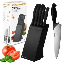 FISKARS CONTROL 1073023 Zestaw 5 noży kuchennych w czarnym bloku + Ostrzałka Edge