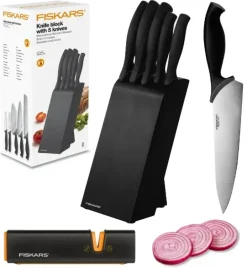 FISKARS CONTROL 1073023 Zestaw 5 noży kuchennych w czarnym bloku + Ostrzałka Edge