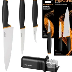 FISKARS CONTROL+ Zestaw 3 noży kuchennych COOK'S SET + Ostrzałka ceramiczna Essential Roll-Sharp / japońska stal nierdzewna