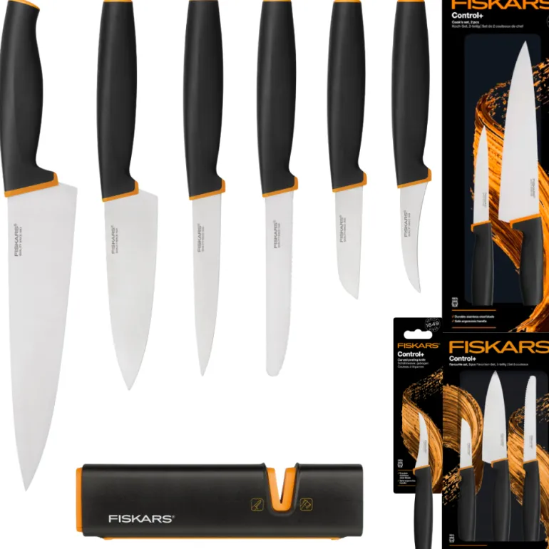 FISKARS CONTROL+ Zestaw 6 noży kuchennych FAVOURITE + COOK'S SET + Ostrzałka Edge / japońska stal nierdzewna