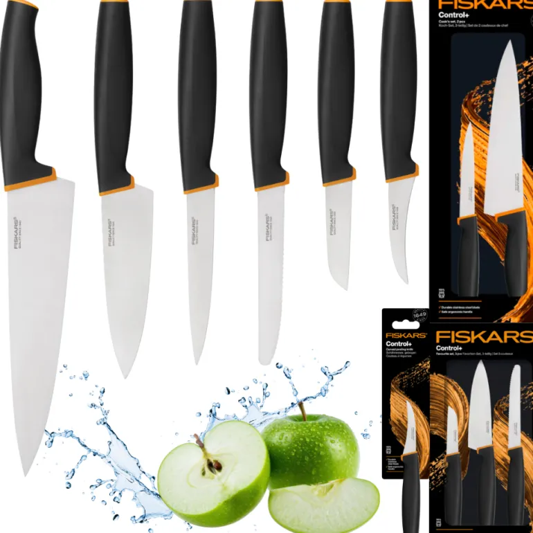 FISKARS CONTROL+ Zestaw 6 noży kuchennych FAVOURITE + COOK'S SET + Ostrzałka Edge / japońska stal nierdzewna