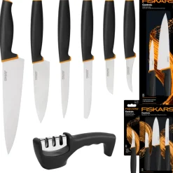 FISKARS CONTROL+ Zestaw 6 noży kuchennych FAVOURITE + COOK'S SET + Ostrzałka 3w1 uniwersalna / japońska stal nierdzewna