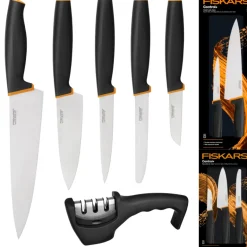 FISKARS CONTROL+ Zestaw 5 noży w pudełku + Ostrzałka 3w1 uniwersalna / japońska stal nierdzewna