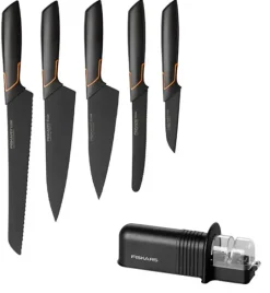 FISKARS EDGE Komplet 5 noży kuchennych + ostrzałka Essential / japońska stal nierdzewna