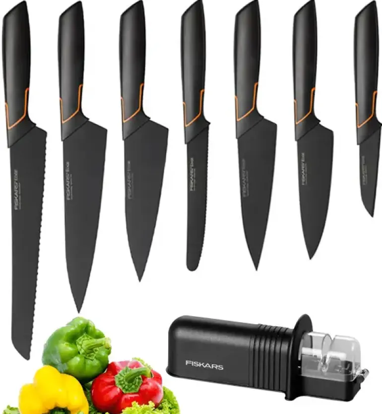 FISKARS EDGE Komplet 7 noży kuchennych + ostrzałka Essential / japońska stal nierdzewna