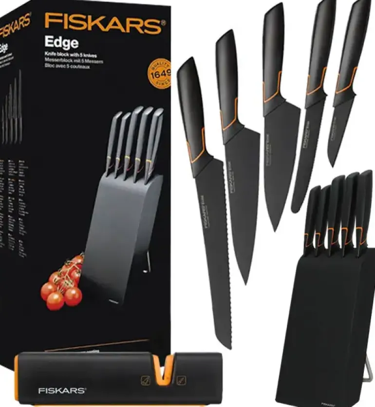 FISKARS EDGE 1003099+1003098 Zestaw 5 noży kuchennych w bloku czarnym / stal 420J2 / czarne ostrza + OSTRZAŁKA Edge