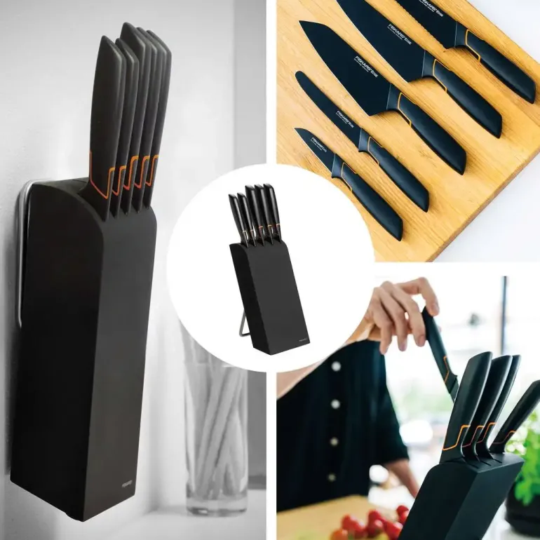 FISKARS EDGE 1003099 Zestaw 5 noży kuchennych w bloku czarnym / stal 420J2 / czarne ostrza + OSTRZAŁKA Essential