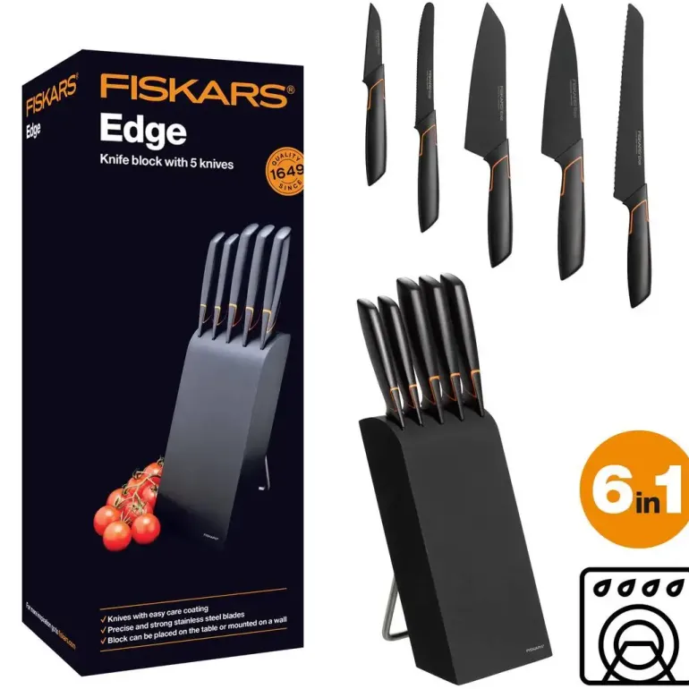 FISKARS EDGE 1003099 Zestaw 5 noży kuchennych w bloku czarnym / stal 420J2 / czarne ostrza + OSTRZAŁKA Essential