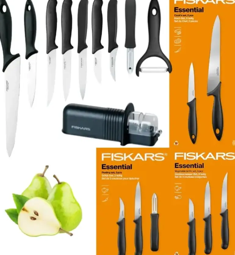 FISKARS ESSENTIAL Komplet 8 noży (kuchenne +do warzyw +do obierania) w pudełku + Ostrzałka + Skrobaczka ESSENTIAL