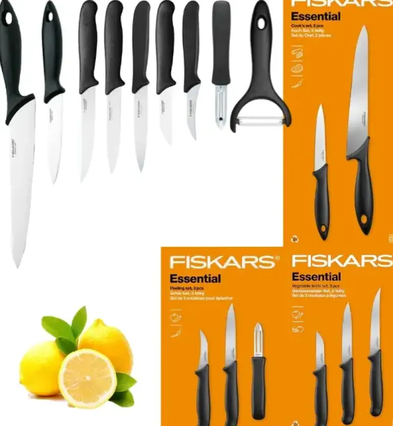 FISKARS ESSENTIAL Komplet 8 noży (kuchenne +do warzyw +do obierania) w pudełku | stal nierdzewna + Skrobaczka ESSENTIAL