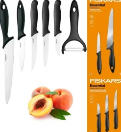 FISKARS ESSENTIAL Komplet 5 noży (kuchenne +do warzyw) w pudełku | stal nierdzewna HRC 53 + Skrobaczka ESSENTIAL