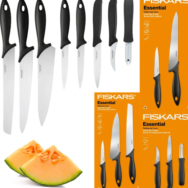 FISKARS ESSENTIAL Komplet 8 noży (kuchenne + Szefa + do obierania) w pudełku + Ostrzałka ESSENTIAL