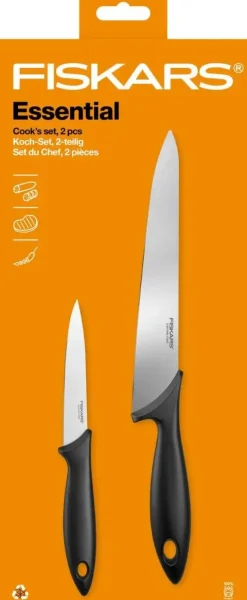 FISKARS ESSENTIAL Komplet 5 noży (kuchenne +Szefa) w pudełku + Skrobaczka ESSENTIAL
