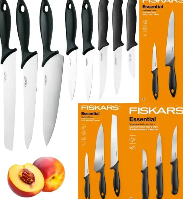 FISKARS ESSENTIAL Komplet 8 noży (kuchenne +Szefa +do warzyw) w pudełku / stal nierdzewna HRC 53