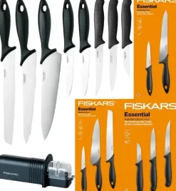 FISKARS ESSENTIAL Komplet 8 noży (kuchenne +Szefa +do warzyw) w pudełku / stal nierdzewna HRC 53 + Ostrzałka ESSENTIAL