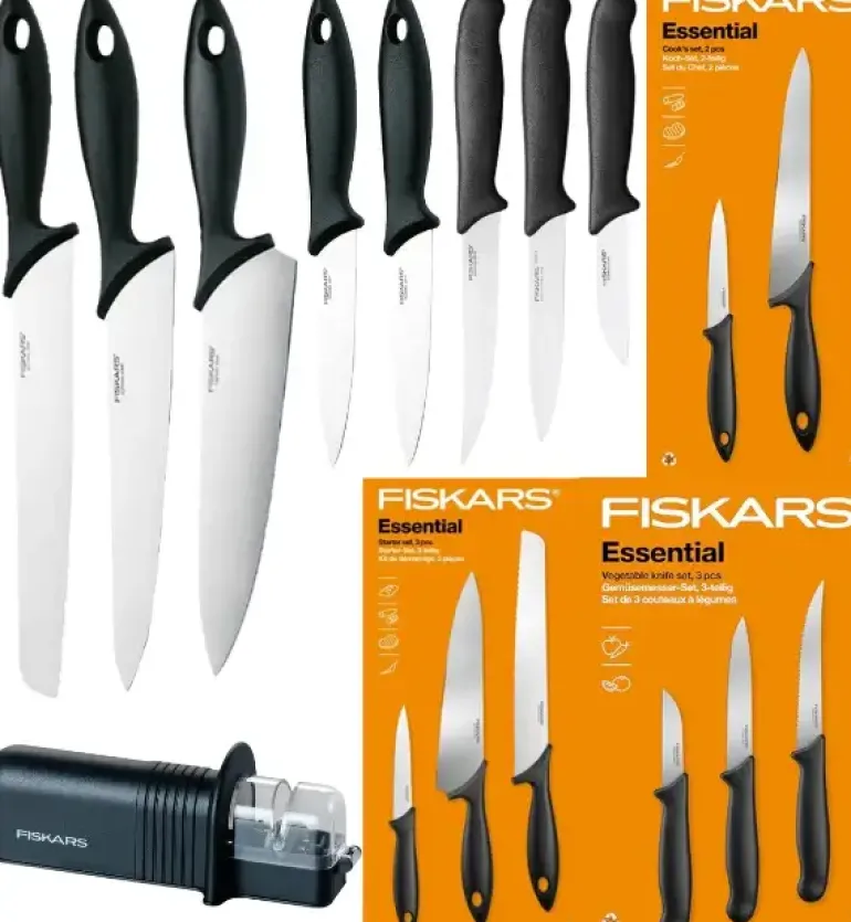 FISKARS ESSENTIAL Komplet 8 noży (kuchenne +Szefa +do warzyw) w pudełku / stal nierdzewna HRC 53 + Ostrzałka ESSENTIAL
