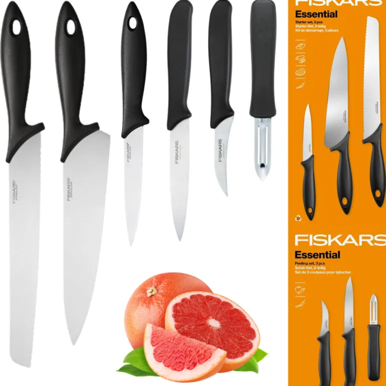 FISKARS ESSENTIAL Komplet 6 noży (kuchenne + do obierania) w pudełku / stal nierdzewna