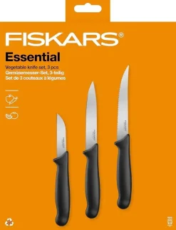 FISKARS ESSENTIAL Komplet 5 noży (kuchenne +do warzyw) w pudełku | stal nierdzewna HRC 53 + Ostrzałka ESSENTIAL