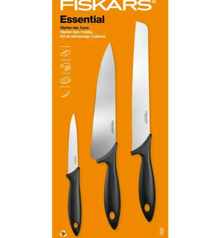 FISKARS ESSENTIAL Komplet 11 noży (kuchenne +Szefa+do obierania+do warzyw) w pudełku + Ostrzałka + Skrobaczka ESSENTIAL