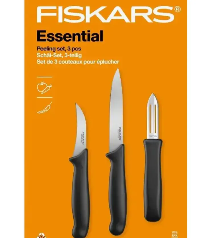 FISKARS ESSENTIAL Komplet 11 noży (kuchenne +Szefa+do obierania+do warzyw) w pudełku + Ostrzałka + Skrobaczka ESSENTIAL