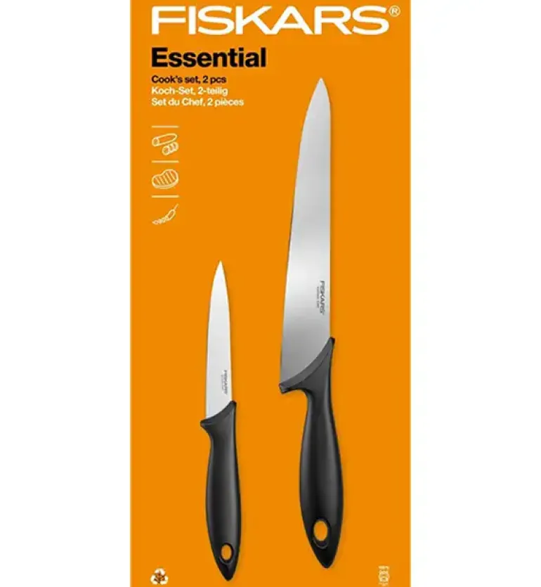 FISKARS ESSENTIAL Komplet 11 noży (kuchenne +Szefa+do obierania+do warzyw) w pudełku + Ostrzałka + Skrobaczka ESSENTIAL
