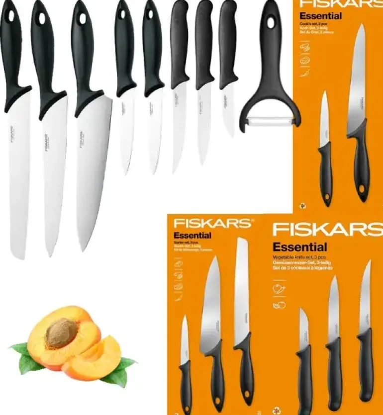 FISKARS ESSENTIAL Komplet 8 noży (kuchenne +Szefa +do warzyw) w pudełku / stal nierdzewna HRC 53 + Skrobaczka ESSENTIAL