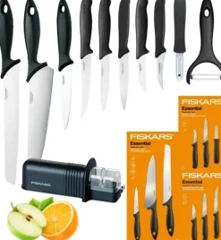 FISKARS ESSENTIAL Zestaw 9 noży (kuchenne +do warzyw +do obierania) w pudełku + Ostrzałka + Skrobaczka ESSENTIAL