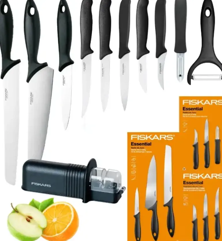 FISKARS ESSENTIAL Zestaw 9 noży (kuchenne +do warzyw +do obierania) w pudełku + Ostrzałka + Skrobaczka ESSENTIAL