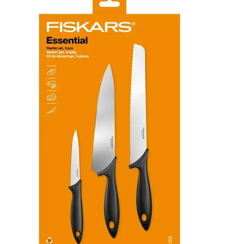 FISKARS ESSENTIAL Zestaw 9 noży (kuchenne +do warzyw +do obierania) w pudełku / stal nierdzewna + Skrobaczka ESSENTIAL