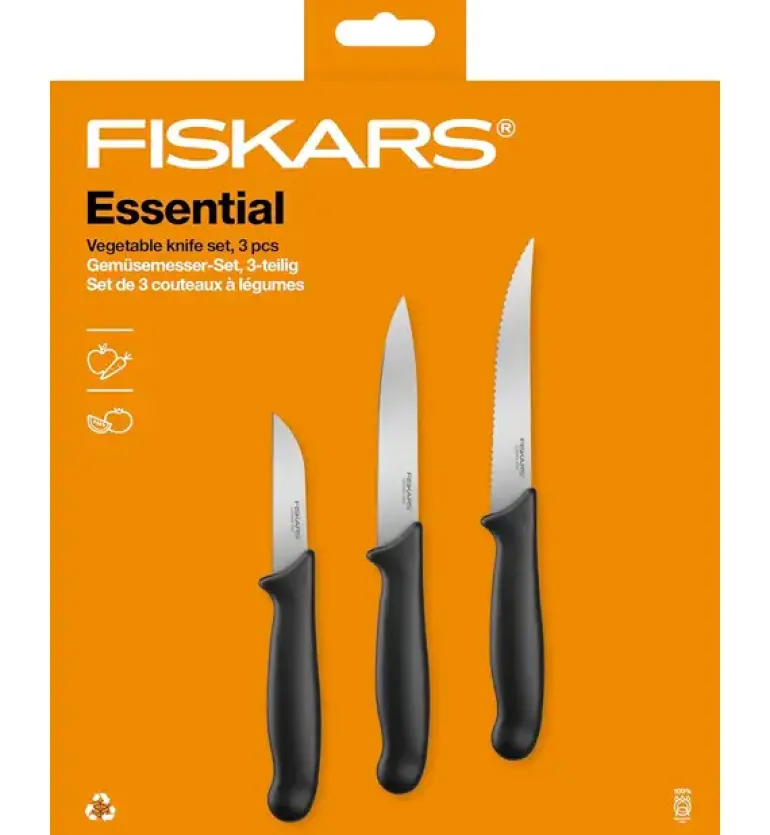 FISKARS ESSENTIAL Zestaw 6 noży (kuchenne +do warzyw) w pudełku / stal nierdzewna HRC 53 + Skrobaczka ESSENTIAL