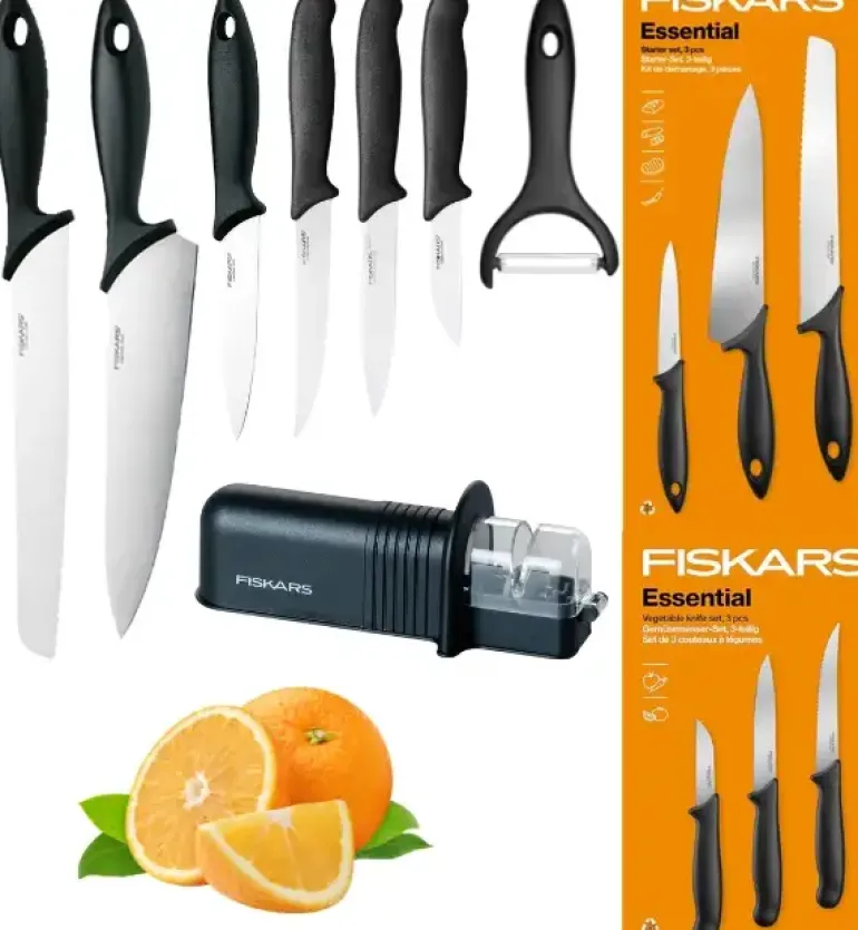 FISKARS ESSENTIAL Zestaw 6 noży (kuchenne +do warzyw) w pudełku / stal nierdzewna HRC 53 + Ostrzałka + Skrobaczka ESSENTIAL