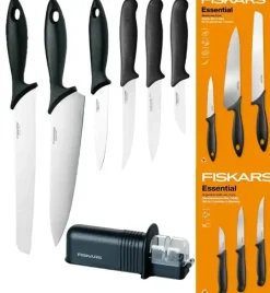 FISKARS ESSENTIAL Zestaw 6 noży (kuchenne +do warzyw) w pudełku / stal nierdzewna HRC 53 + Ostrzałka ESSENTIAL