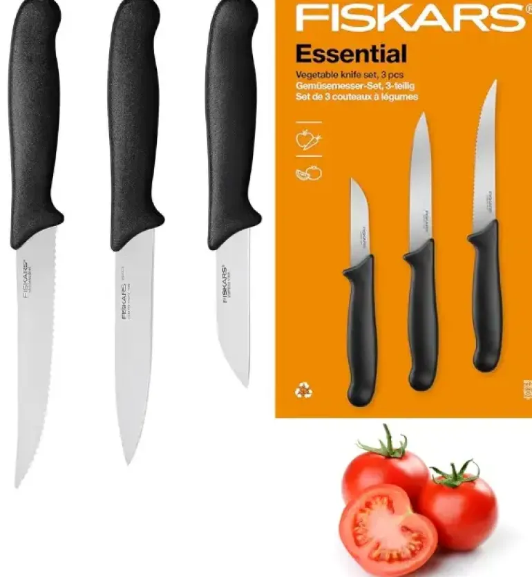 FISKARS ESSENTIAL Zestaw 3 noży do warzyw / stal nierdzewna + tworzywo sztuczne