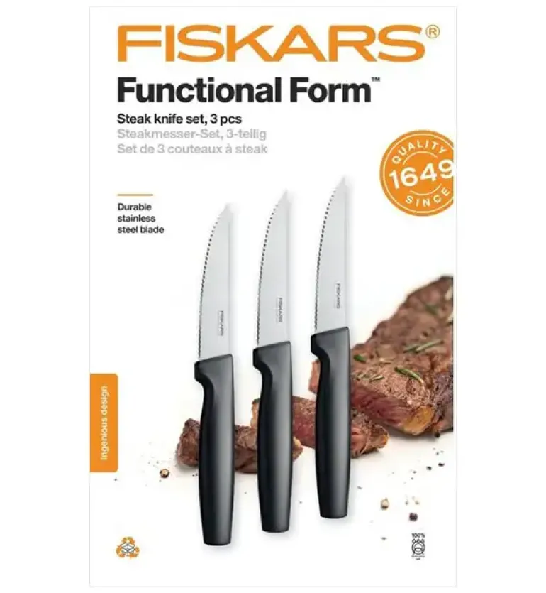FISKARS FUNCTIONAL FORM 1057556+1057564 Komplet 6 noży kuchennych (3+3) w pudełkach + ostrzałka ESSENTIAL