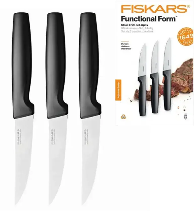 FISKARS FUNCTIONAL FORM 1057556+1057564 Komplet 6 noży kuchennych (3+3) w pudełkach + ostrzałka ESSENTIAL