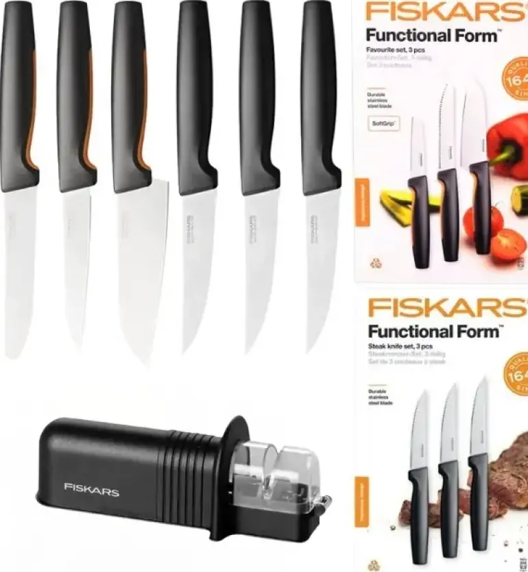 FISKARS FUNCTIONAL FORM 1057556+1057564 Komplet 6 noży kuchennych (3+3) w pudełkach + ostrzałka ESSENTIAL