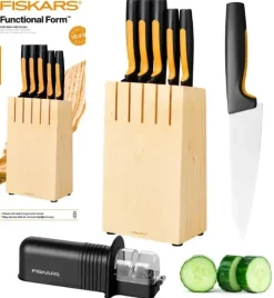 FISKARS FUNCTIONAL FORM Komplet 5 noży kuchennych w bloku drewnianym + Ostrzałka Essential