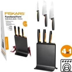 FISKARS FUNCTIONAL FORM 1057555 Komplet 3 noży w bloku czarnym + ostrzałka Fiskars Essential