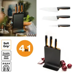 FISKARS FUNCTIONAL FORM 1057555 Komplet 3 noży w bloku czarnym + ostrzałka Fiskars Essential