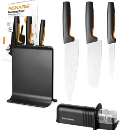 FISKARS FUNCTIONAL FORM 1057555 Komplet 3 noży w bloku czarnym + ostrzałka Fiskars Essential
