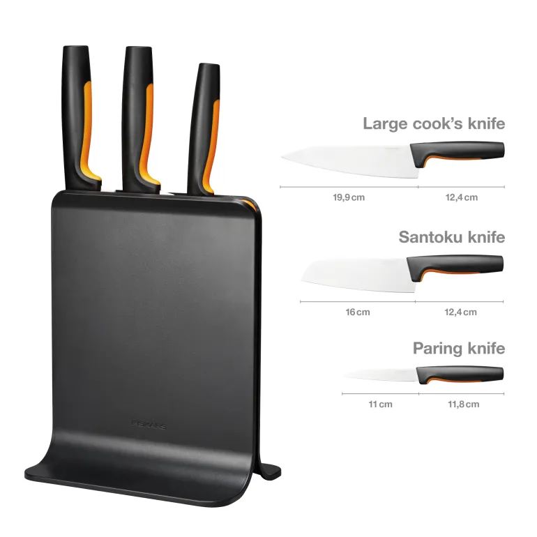FISKARS FUNCTIONAL FORM 1057555 Komplet 3 noży w bloku czarnym + ostrzałka Fiskars Essential